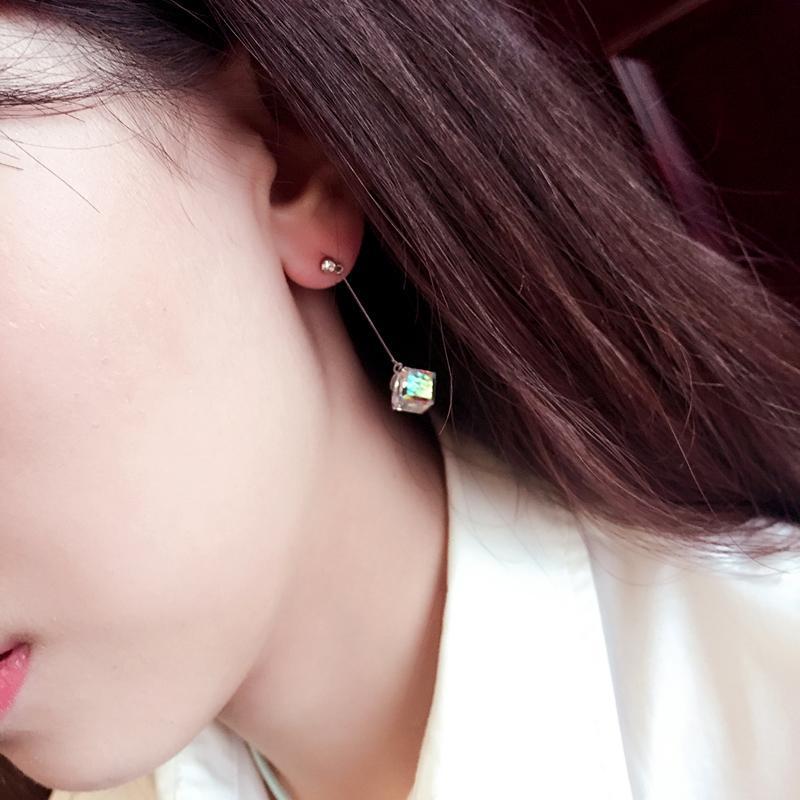 S925银针施家方块水晶流苏耳环女防过敏耳钉配饰品送女朋友老婆生日礼物