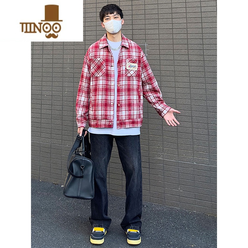 YANXU港风新款日系复古宽松休闲男女格子衬衫高街头情侣水洗上衣外套高清大图