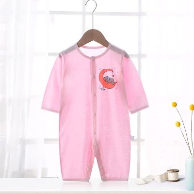 婴儿春夏季连体衣长袖宝宝衣服薄款0新生儿哈衣3爬服6睡衣9家居服 粉色底月亮象-闭裆 90