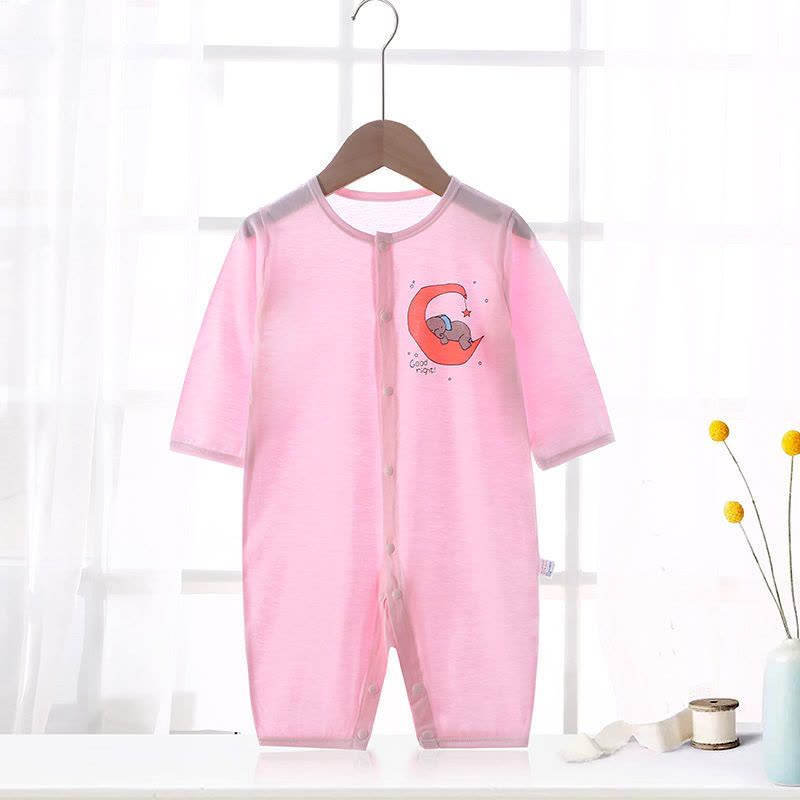 婴儿春夏季连体衣长袖宝宝衣服薄款0新生儿哈衣3爬服6睡衣9家居服 粉色底月亮象-闭裆 90图片