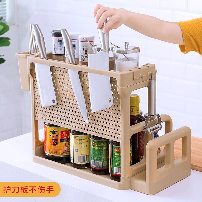 厨房置物架调料架厨具塑料用品用具收纳台面储物架多层砧板架子 四代二层+刀架+筷篓【咖啡】图片