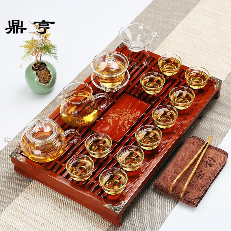 鼎亨玻璃功夫茶具套装整套特价实木茶盘蓄水盘家用办公简约抽屉式