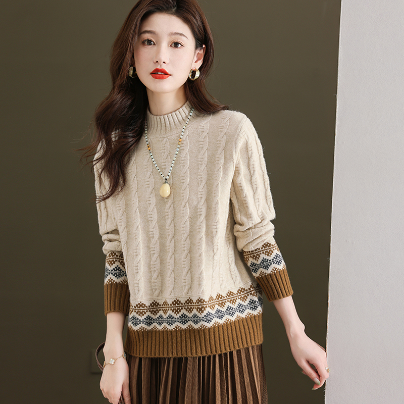 免费试穿 牧绒多斯半高领羊绒衫女宽松拼接印花潮流加厚毛衣羊毛衫