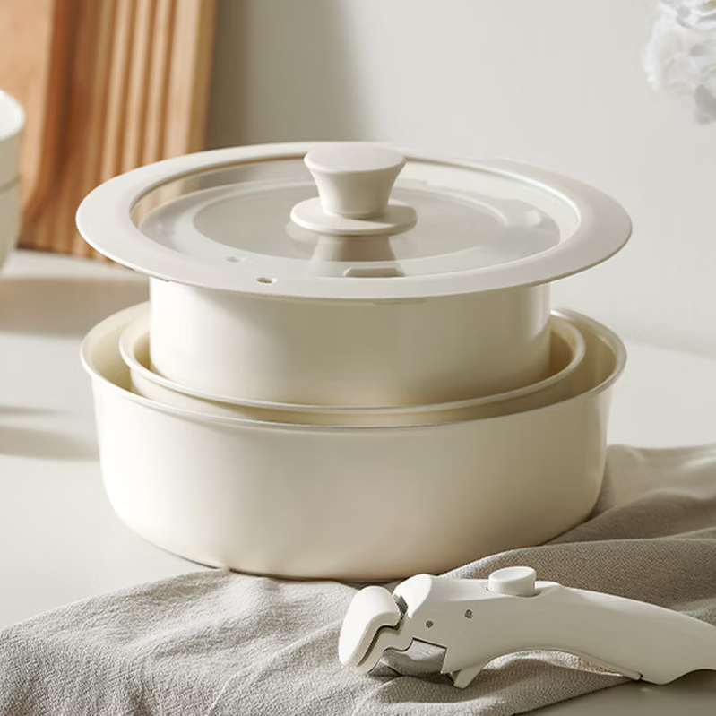 德世朗知味系列钛陶瓷不粘锅具九件套DFS-TZ971A-WH 白色家用炒锅煎锅汤锅套装不粘锅具套装高清大图