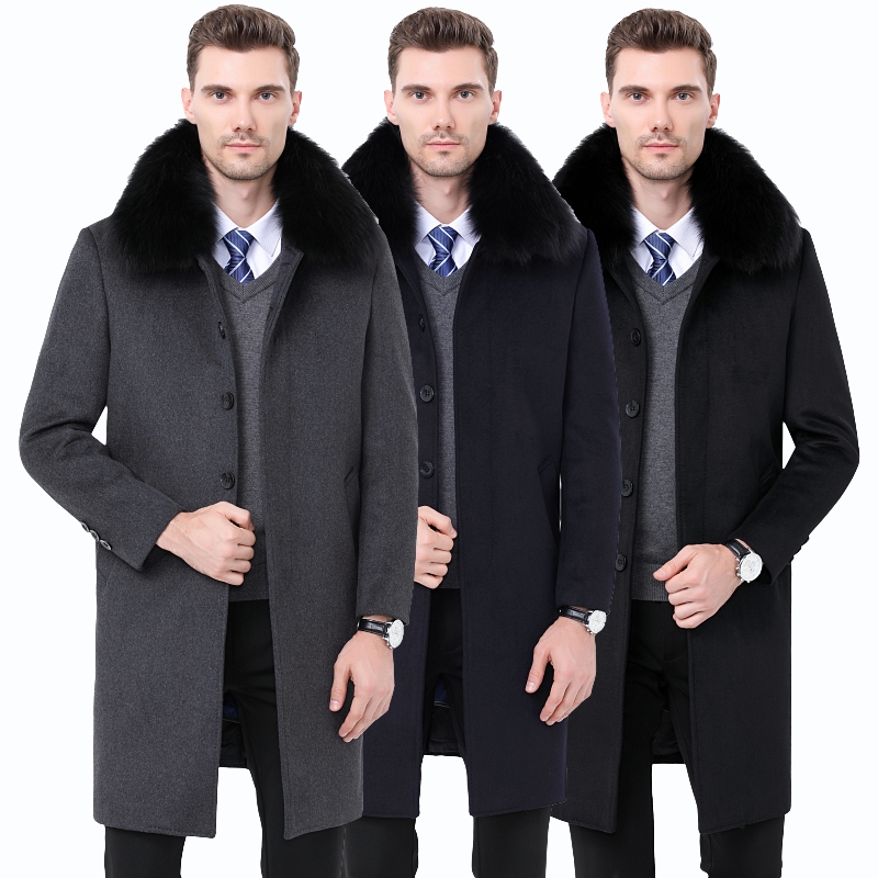 免费试穿 高端羊绒大衣羊毛呢子大衣中长款男式领导干部商务风衣加厚羊毛大衣男士外套立领长款加肥加大码男装可拆卸内胆狐狸毛领高清大图