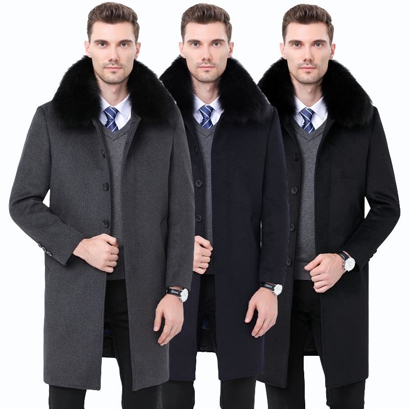 免费试穿 高端羊绒大衣羊毛呢子大衣中长款男式领导干部商务风衣加厚羊毛大衣男士外套立领长款加肥加大码男装可拆卸内胆狐狸毛领图片