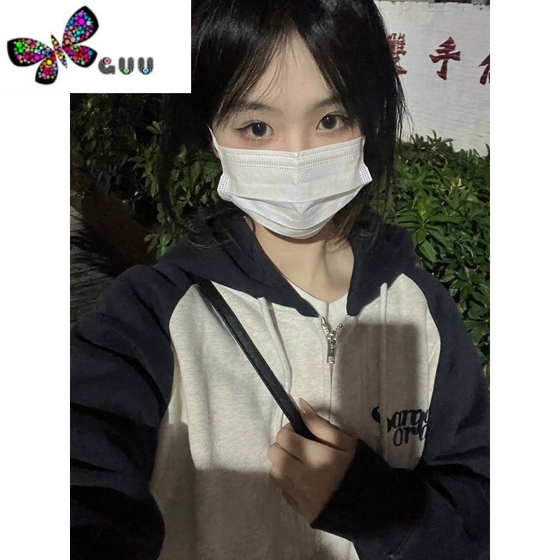 语娄长袖开衫连帽休闲百搭短款初中生卫衣美式oversize外套女薄款