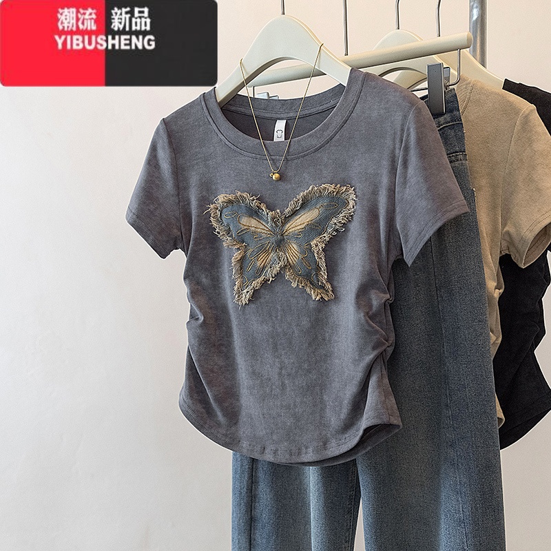 YIBUSHENG大码女装胖妹妹短袖T恤季新款遮肉显瘦正肩独特别致欧货小上衣高清大图