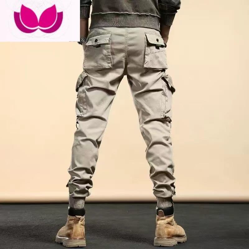 七斓美式复古卡其工装裤男潮牌修身小脚束脚裤战术裤九分休闲裤子图片