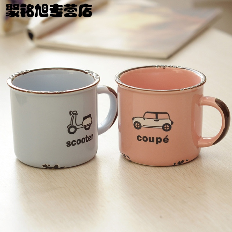 仿搪瓷杯子怀旧创意陶瓷杯子马克杯可爱卡通水杯情侣陶瓷咖啡杯