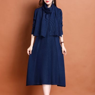 鄂尔多斯羊绒衫女秋冬连衣裙女纯山羊绒衫圆领宽松显瘦中长款春秋时尚套头毛衣针织长袖高端精致连衣裙秋冬女气质名媛新款外穿 深蓝 L