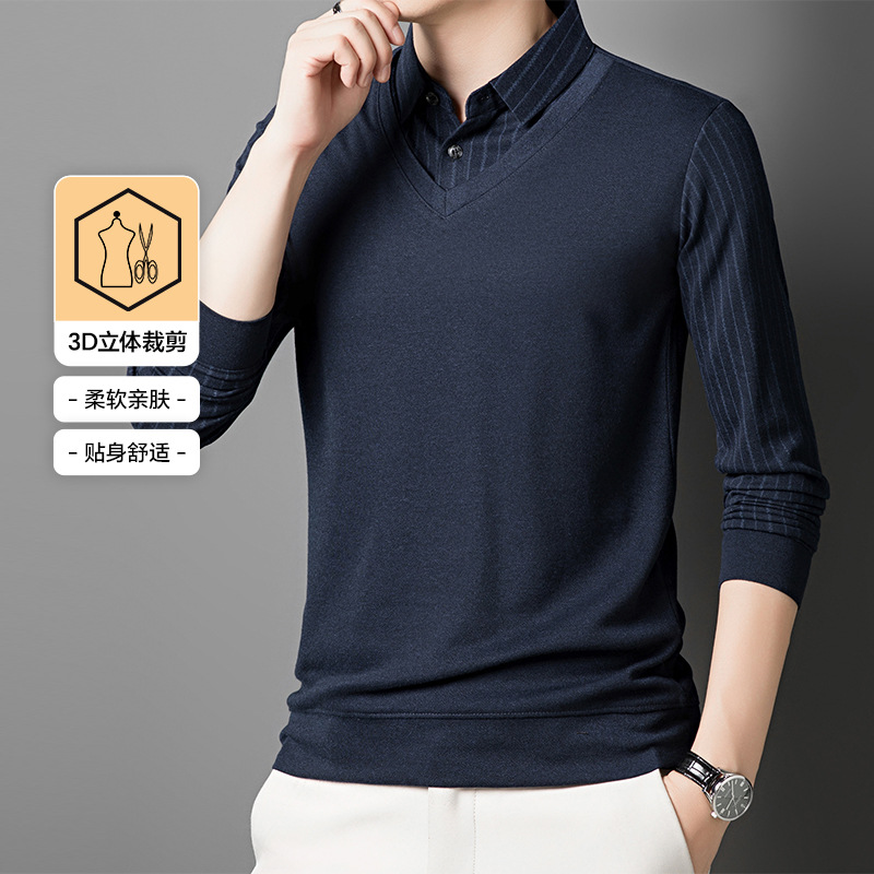啄木鸟秋冬季假两件Polo衫男士爸爸装长袖打底上衣商务休闲打底衫高清大图
