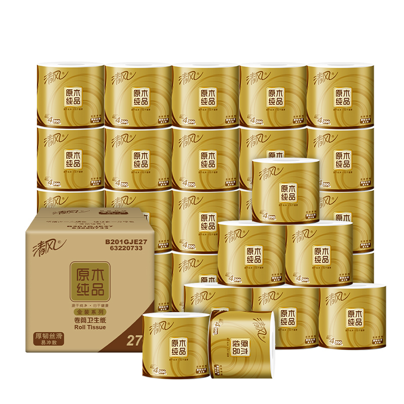 清风 卷纸 原木纯品金装系列 4层200克27卷 卫生纸 有芯卷筒纸巾