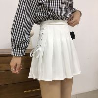 半身裙2020新款百褶裙女学生韩版高腰小清新百搭短裙A字绑带裙子 乳白色 白绳子 XS