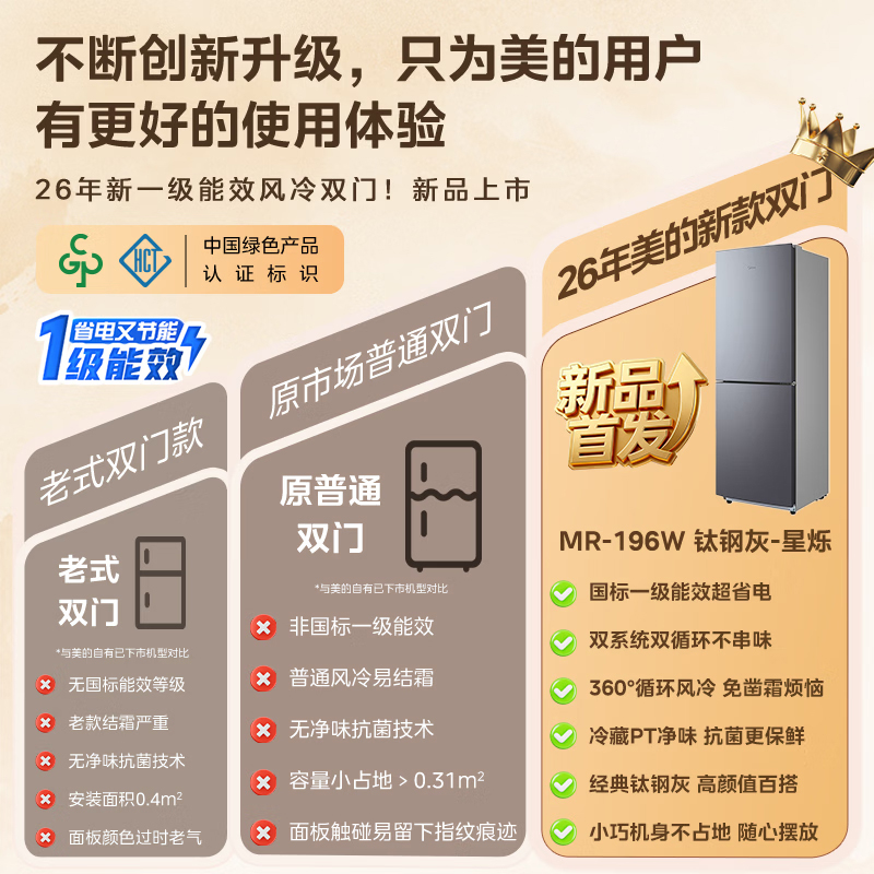 美的(Midea)186升二门冰箱灰色租房小型家用电冰箱 风冷无霜两门小冰箱 不串味租房不占地MR-196W钛钢灰-星烁高清大图