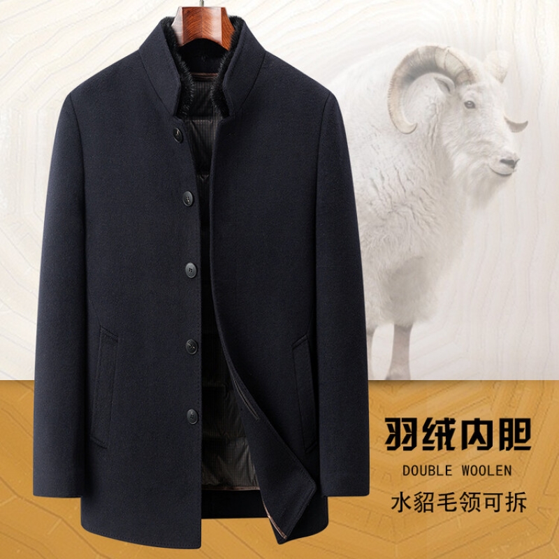 花花公子品牌高档冬装水貂毛领+可拆羽绒内胆男士羊毛呢大衣立领厚男外套高清大图