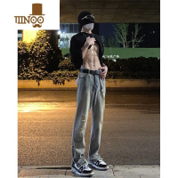 YANXU高街黄泥色牛仔裤男款夏季破洞复古直筒裤子美式潮牌秋季微喇长裤