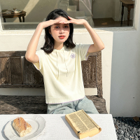 [2.5折价67元]唐狮连帽针织衫别致夏季新款休闲短袖T恤女冰丝短款上衣设计感F