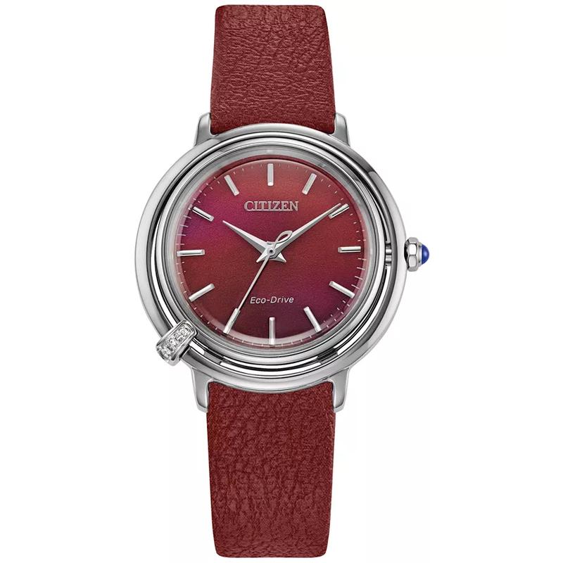 Citizen西铁城女式红色三针石英腕表镶钻不锈钢表带环保光动能设计高清大图