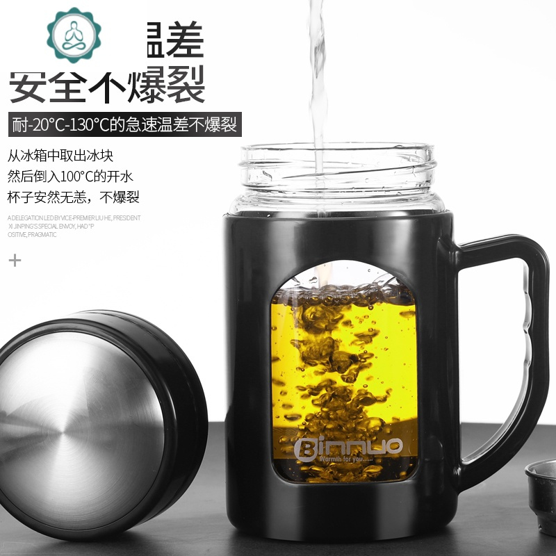 玻璃杯带把男女简约家用水杯清新森系带盖杯子办公室泡茶杯大容量 封后 升级款磨砂黑500ml+杯刷[茶水分离]