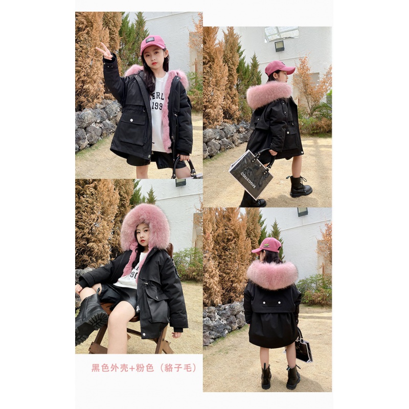 举翼王子男女中小儿童獭兔皮毛一体内胆派克服毛毛皮草外套中长款宝宝 黑色外壳+粉色 180定做不退不换