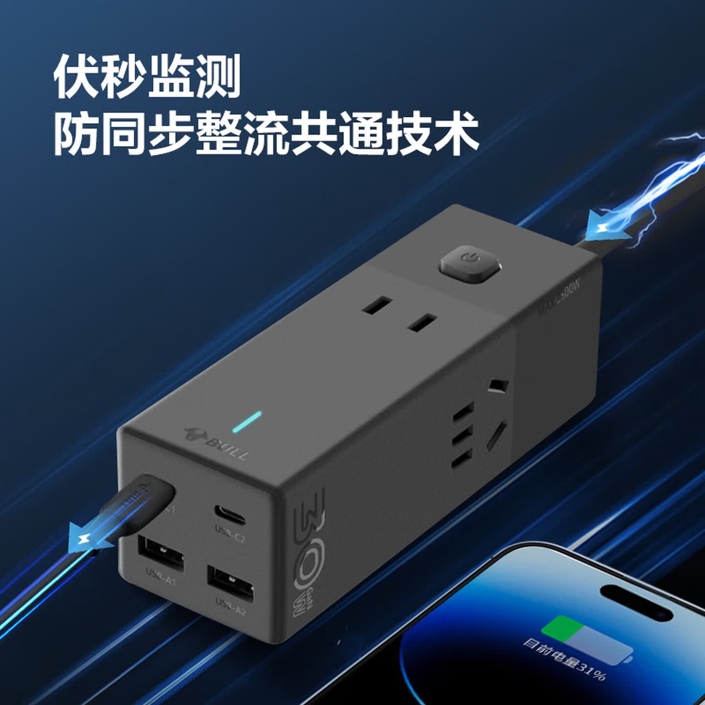 公牛 (BULL)氮化镓30W苹果充电器快充插座/USB插线板便携插排 小电舱安全快充 2C2A+3孔灰色总控高清大图