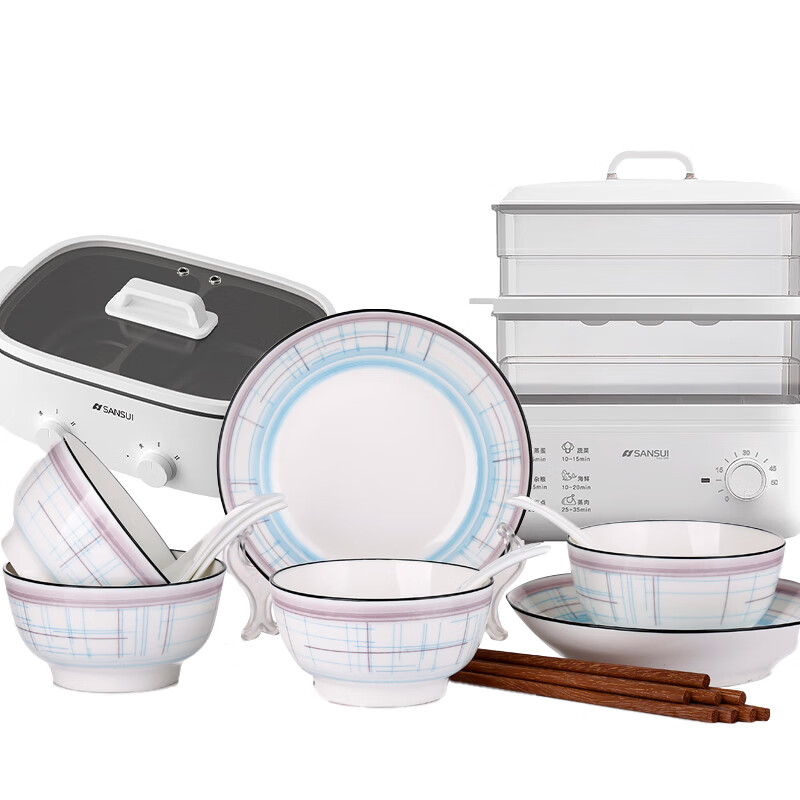 家电甄选(山水多功能双层电蒸锅10L+鸳鸯电火锅5L+12头陶瓷餐具)组套商品