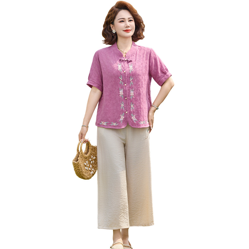 纤孜雅 夏季妈妈棉麻印花短袖套装新款中老年时尚大码上衣裤子两件套高清大图