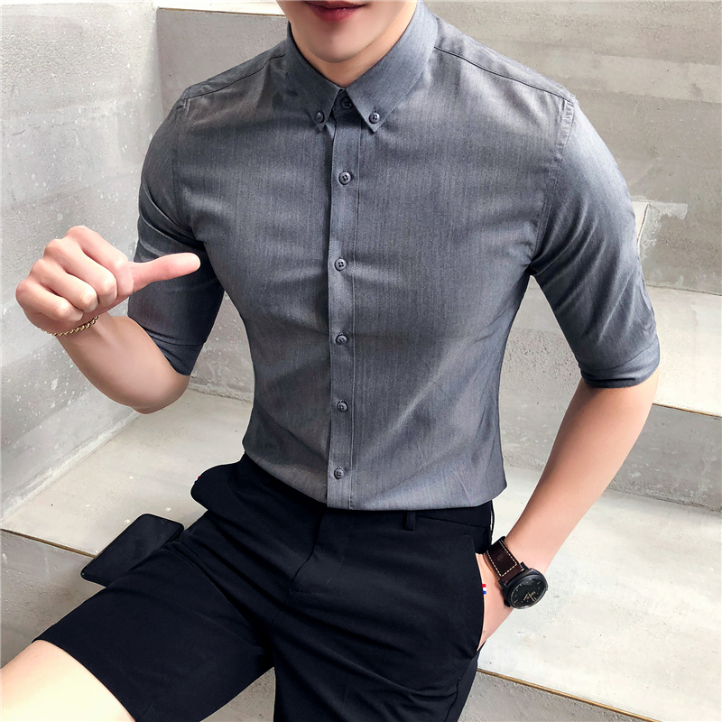五分袖衬衫男士夏款中袖半袖宽松5分五分韩版衬衣男2018新款时尚