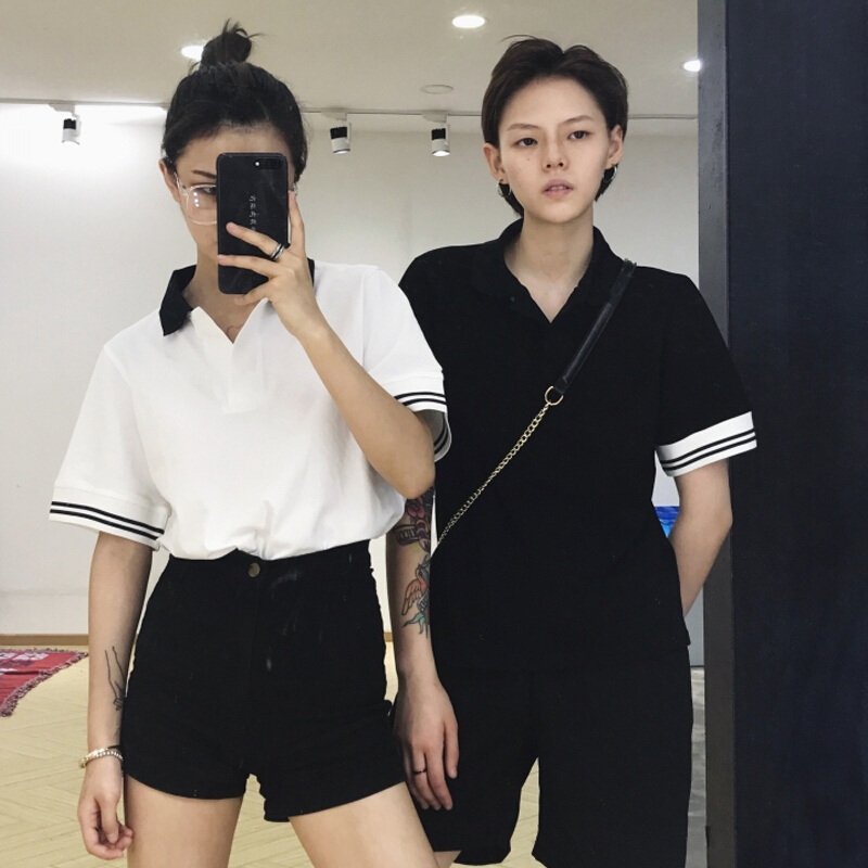春夏女装韩版宽松短袖polo衫T恤百搭学生休闲打底衫中袖体恤上衣黑色均码
