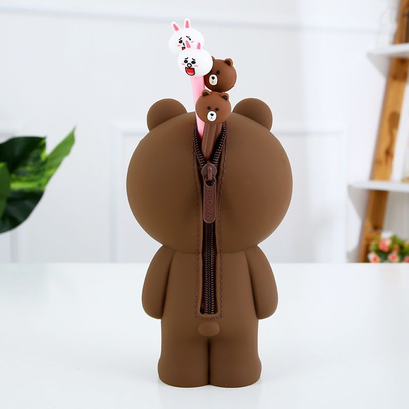 韩版布朗熊硅胶笔袋网红中学生女生文具盒创意简约大容量可爱笔盒