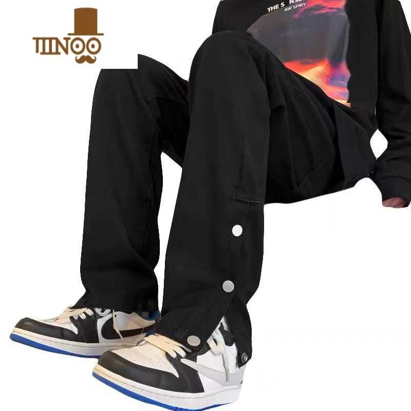 YANXU黑色排扣牛仔裤男美式vibe街头直筒休闲裤高街ins潮牌开叉长裤子图片