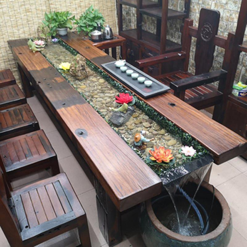 老船木茶桌椅组合禅意循环流水养鱼茶桌创意鱼缸茶几实木泡茶茶台