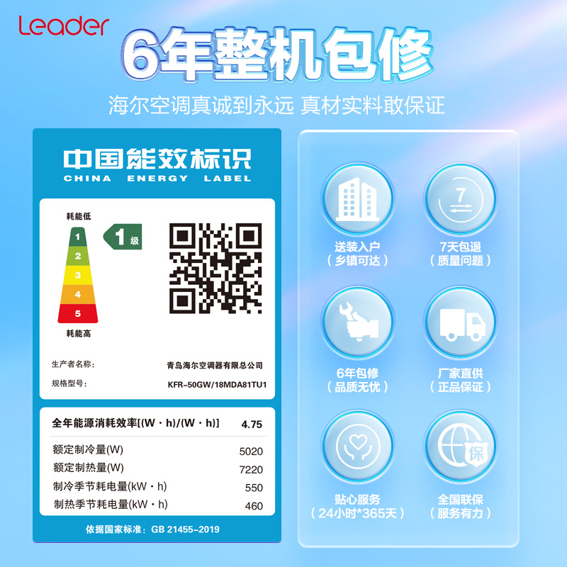 海尔智家leader空调2匹 家用空调挂机 新1级 自清洁 大风量 节能省电KFR-50GW/18MDA81TU1套机高清大图