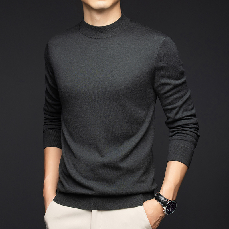 含绵羊毛桑蚕丝半高领针织衫男秋季新款纯色套头男士打底衫_247078