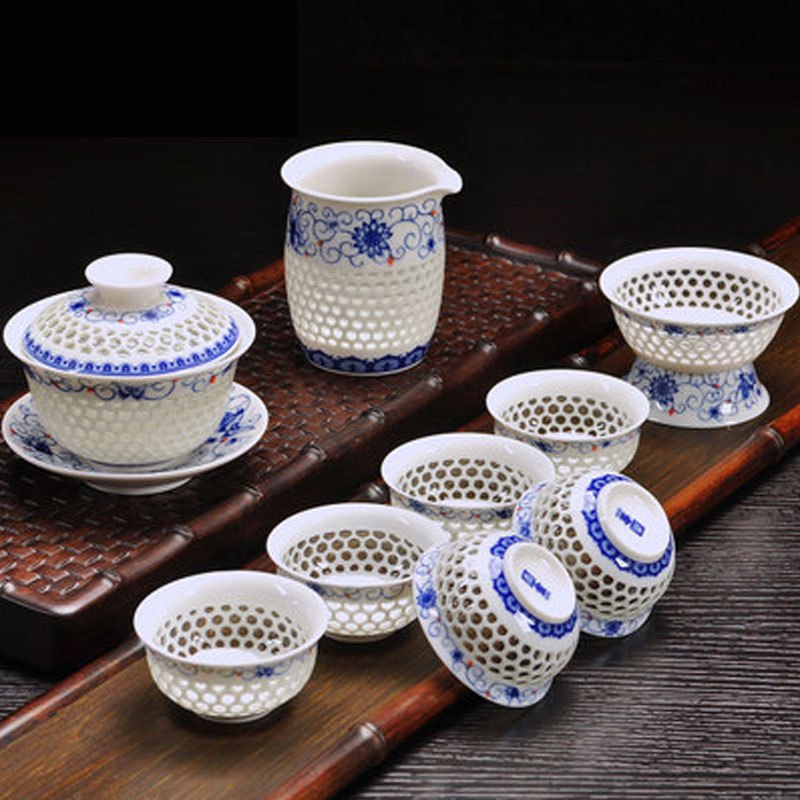 蜂窝玲珑茶具套装家用功夫镂空茶杯青花瓷礼盒陶瓷景德镇整套多色生活日用家庭清洁生活日用家居器皿水具/水杯