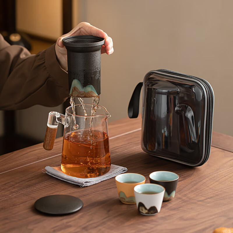 苏氏陶瓷/SUSHI CERAMICS JA03 手绘釉画彩千里江山手柄玻璃旅行包便捷茶具文创伴手礼套组