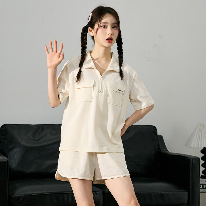 2024夏季女polo领前胸口袋短袖T恤短裤套装简约百搭韩系_1646 统一颜色 L