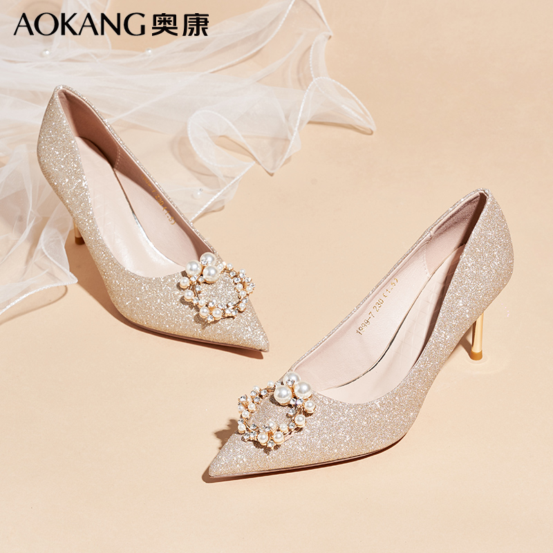 奥康女鞋新娘婚鞋高跟鞋女香槟色尖头日常细跟结婚秀禾服婚纱浅口皮鞋