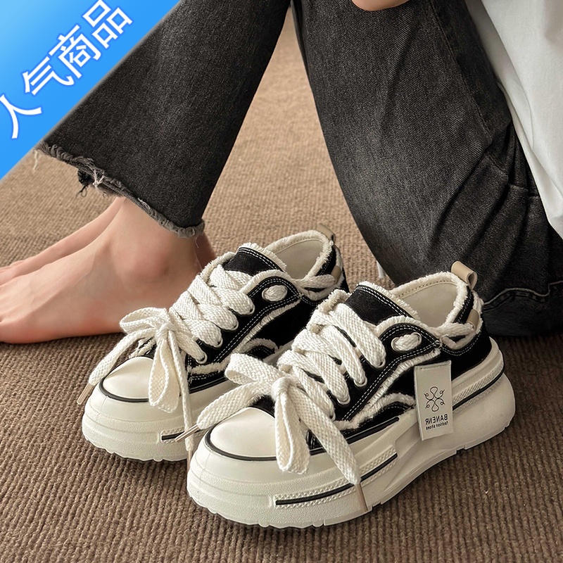 SUNTEK鞋子女春秋帆布鞋2023年新款夏季小白鞋厚底chic百搭小众板鞋高清大图