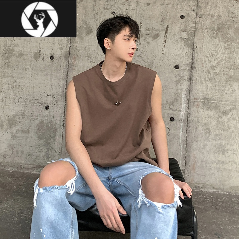 HongZun汗衫背心男夏季潮流美式高街ins无袖t恤简约纯色圆领运动坎肩上衣