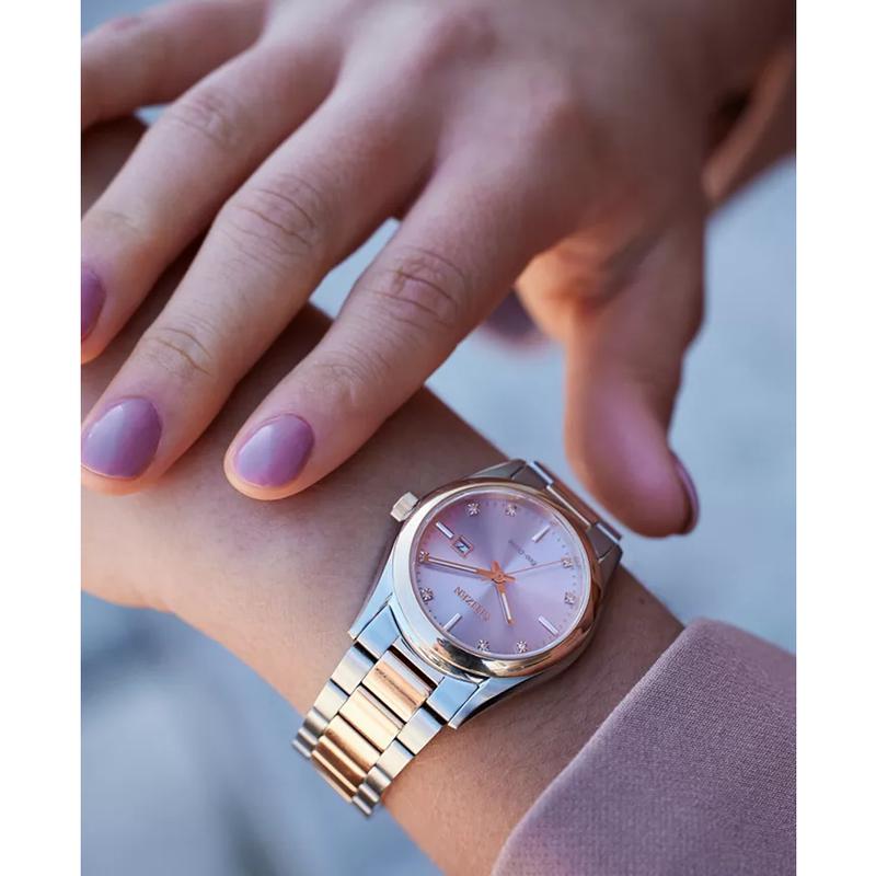 西铁城(CITIZEN)光动能女士运动豪华款间金不锈钢腕表33mm粉钻夜光日期高清大图