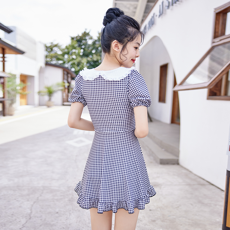 三奇学生泳衣女士连体泳衣甜美圆领格子裙短袖荷叶边2022新款少女儿童修身显瘦遮肚休闲沙滩泡温泉游泳装Y2247