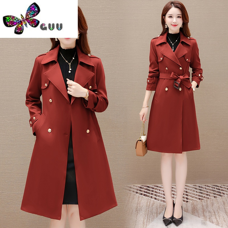 语娄风衣女中长款2023新款复古英伦风双排扣简约休闲显瘦大衣外套