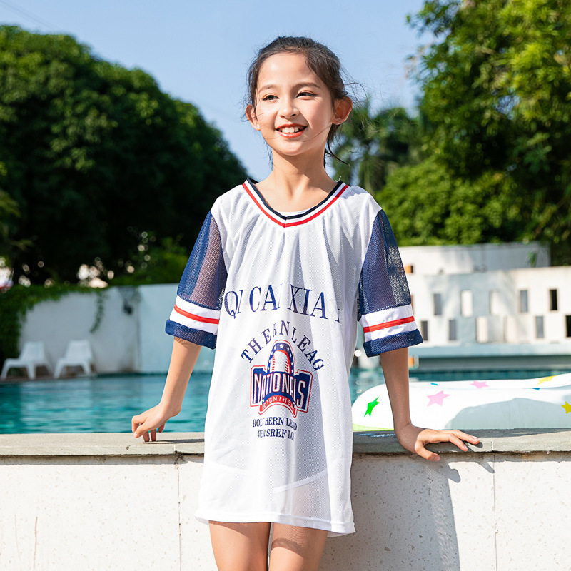 儿童分体平角运动罩衫三件套中大童学生温泉保守显瘦泳衣女