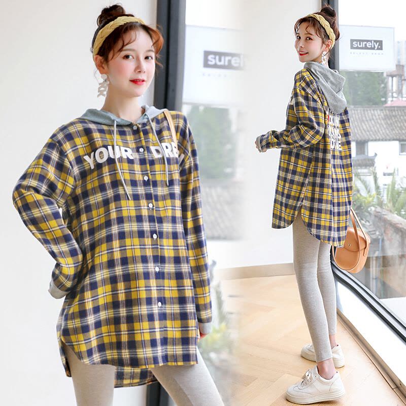 迪鲁奥(DILUAO)孕妇装秋装棉质长袖衬衣格子外穿秋装新款中长款连帽上衣外套怀孕期图片