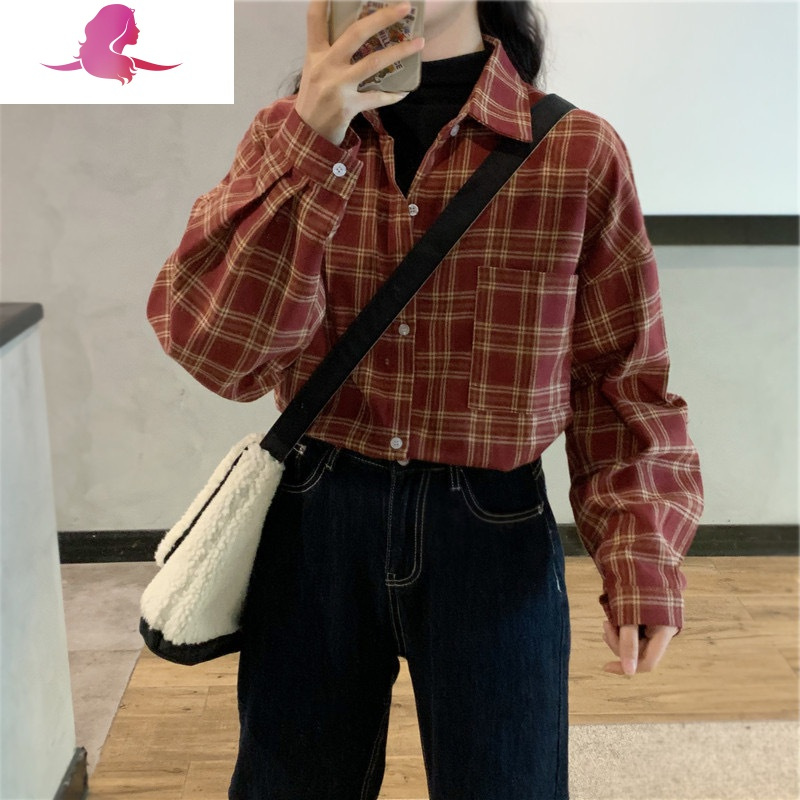 艳如飞磨毛格子衬衫女长袖港味复古2020新款宽松外穿内搭网红打底衬衣潮衬衫
