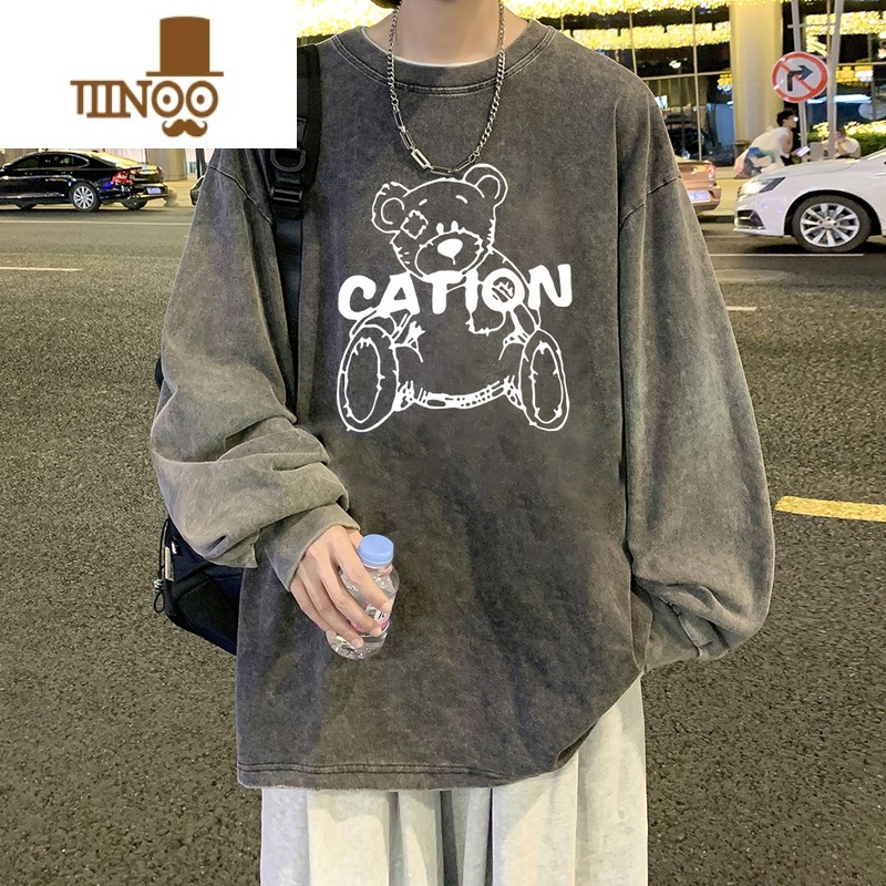 YANXU美式水洗长袖t恤男生ins宽松百搭圆领卫衣oversize高街潮牌打底街高清大图