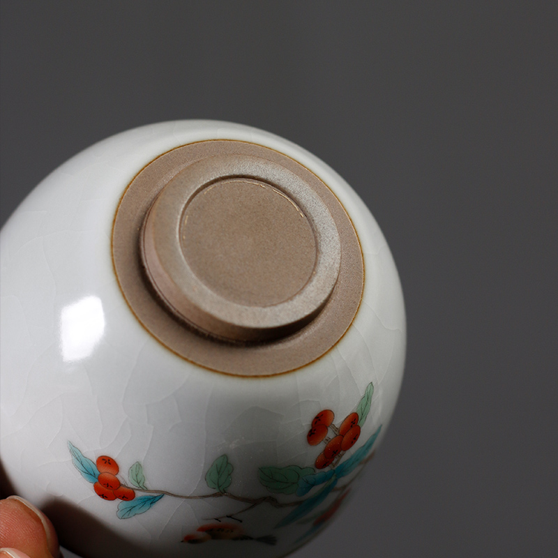汝窑柿子功夫茶具茶杯子主人杯单杯女开片品茗杯单个汝瓷茶碗陶瓷 三维工匠 新款汝窑禅香杯-春华秋实高清大图