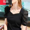 YIBUSHENG冰丝t恤女装新款短袖体恤衫泡泡袖休闲显瘦百搭女士时BB女体 M 黑色